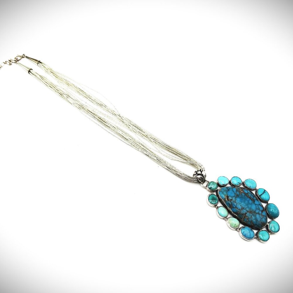 SOUTHWEST Sterling Silver Turquoise Pendant & Liquid Silver Chain Necklace - Picture 6 of 10
